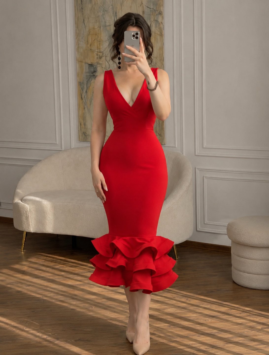 فستان احمر بتصميم ناعم