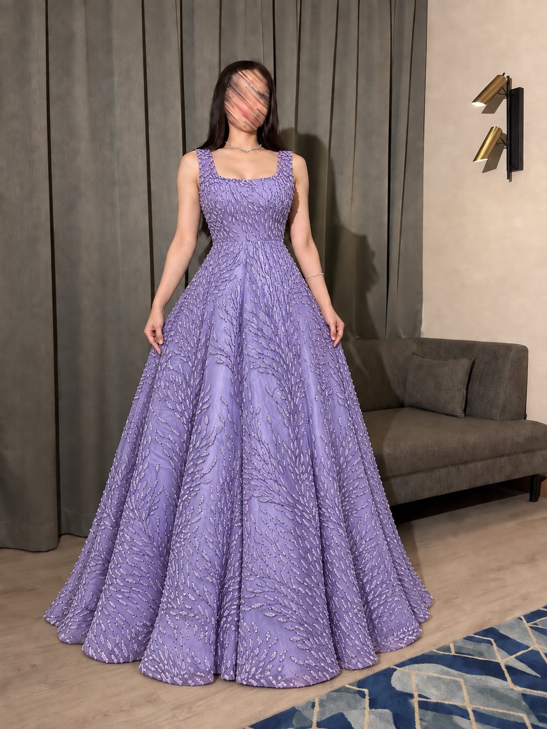 فستان سهرة بنفسجي بتصميم يدوي ناعم — 5