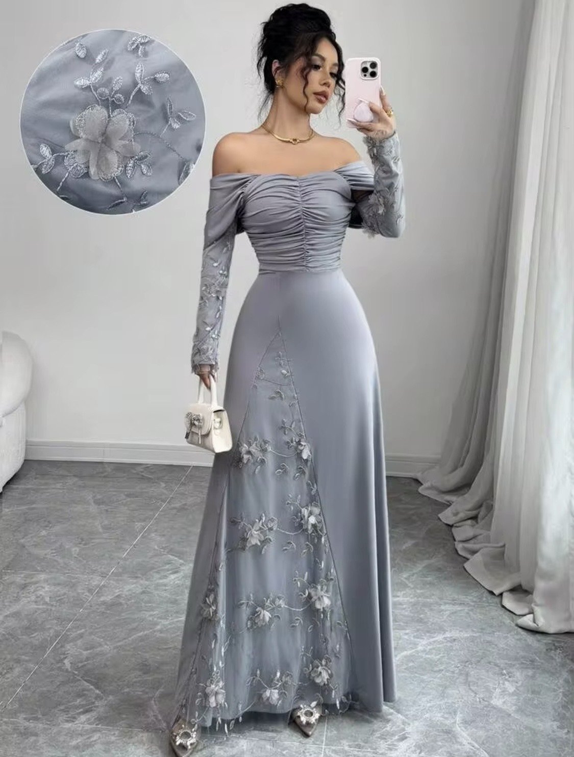 فستان سهرة رصاصي مميز